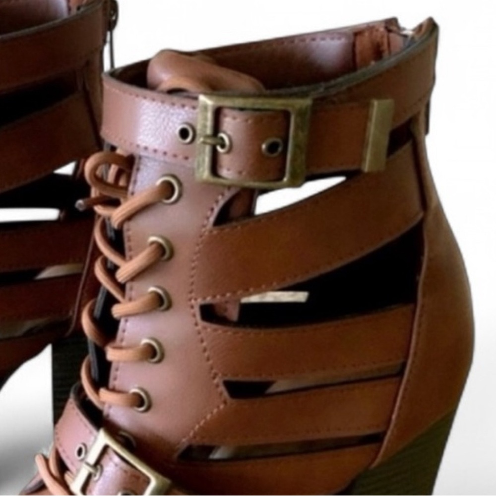 Cut-Out Lace Up High Heeled Ankle Booties Brown Chestnut Women’s Sizes NIB - Picture 10 of 13